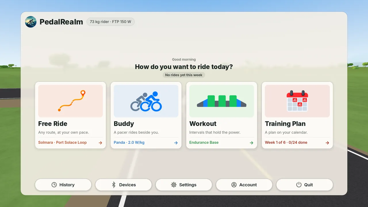 The PedalRealm home screen: Free Ride, Buddy, Workout and Training Plan cards over the world